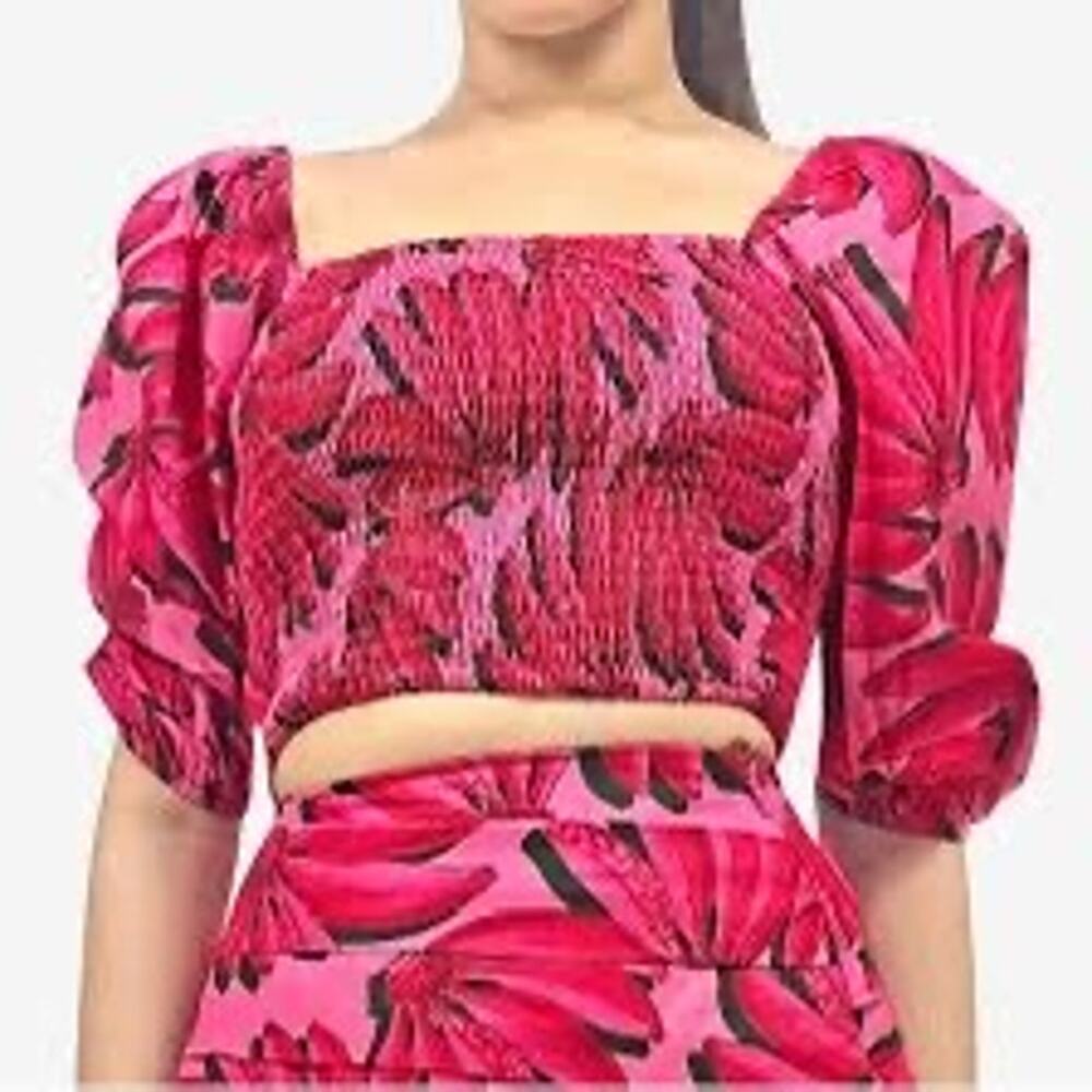 HT360 Collective Pink Tropical Banana Leaf Smocked Puff Sleeve Crop Top XL